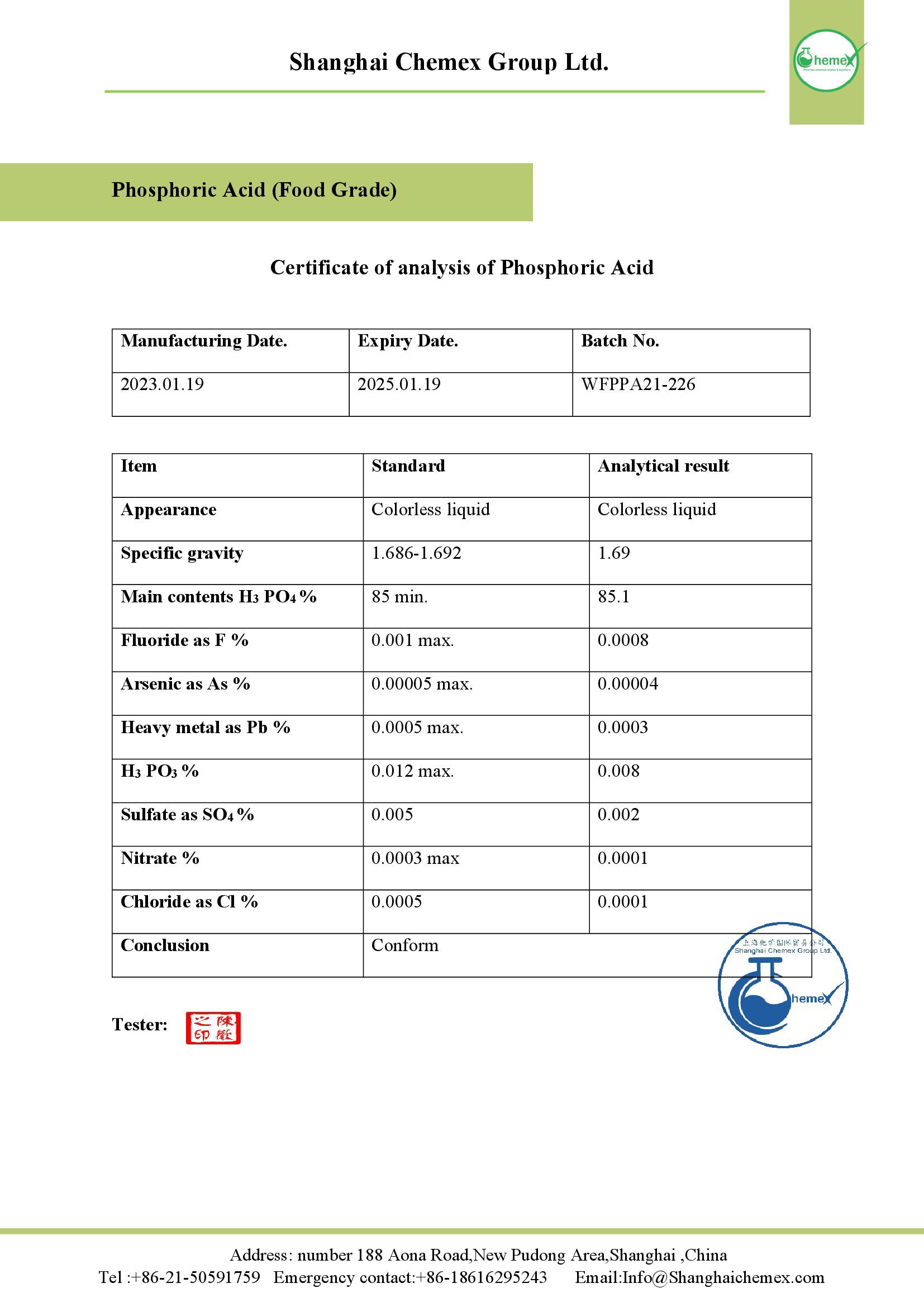 Buy Phosphoric Acid; price, Uses, and Analysis - Shanghai Chemex