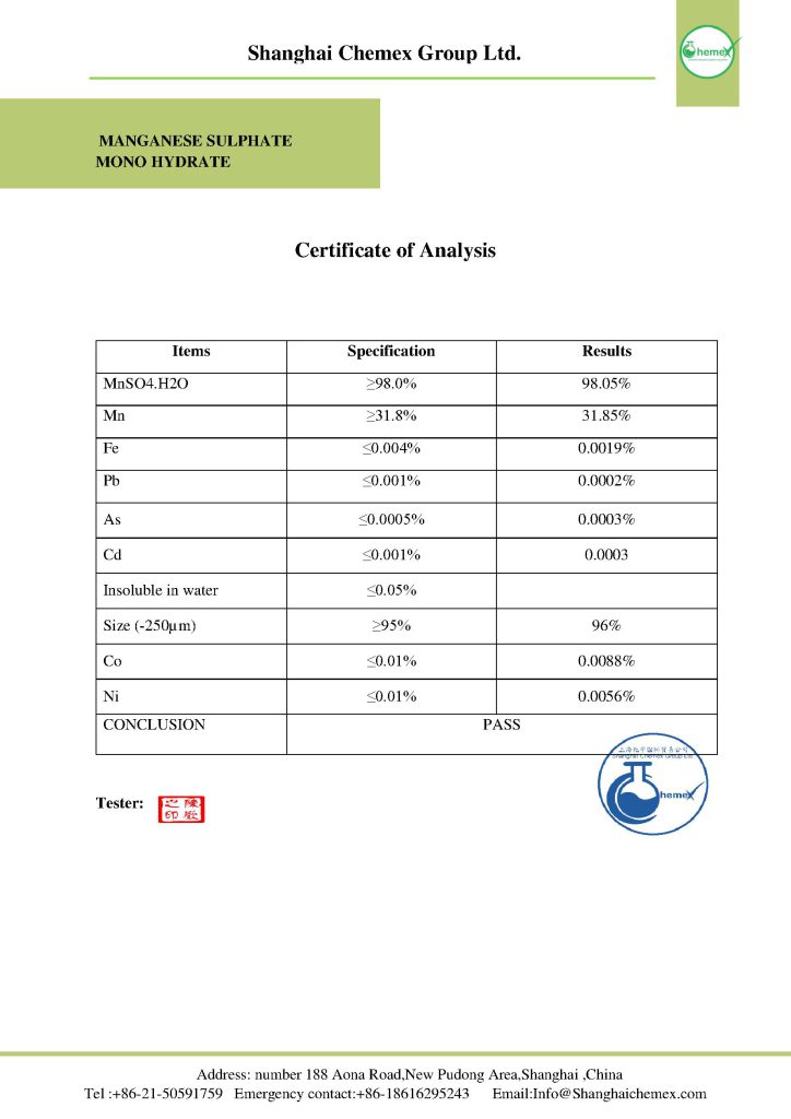 Manganese Sulfate COA