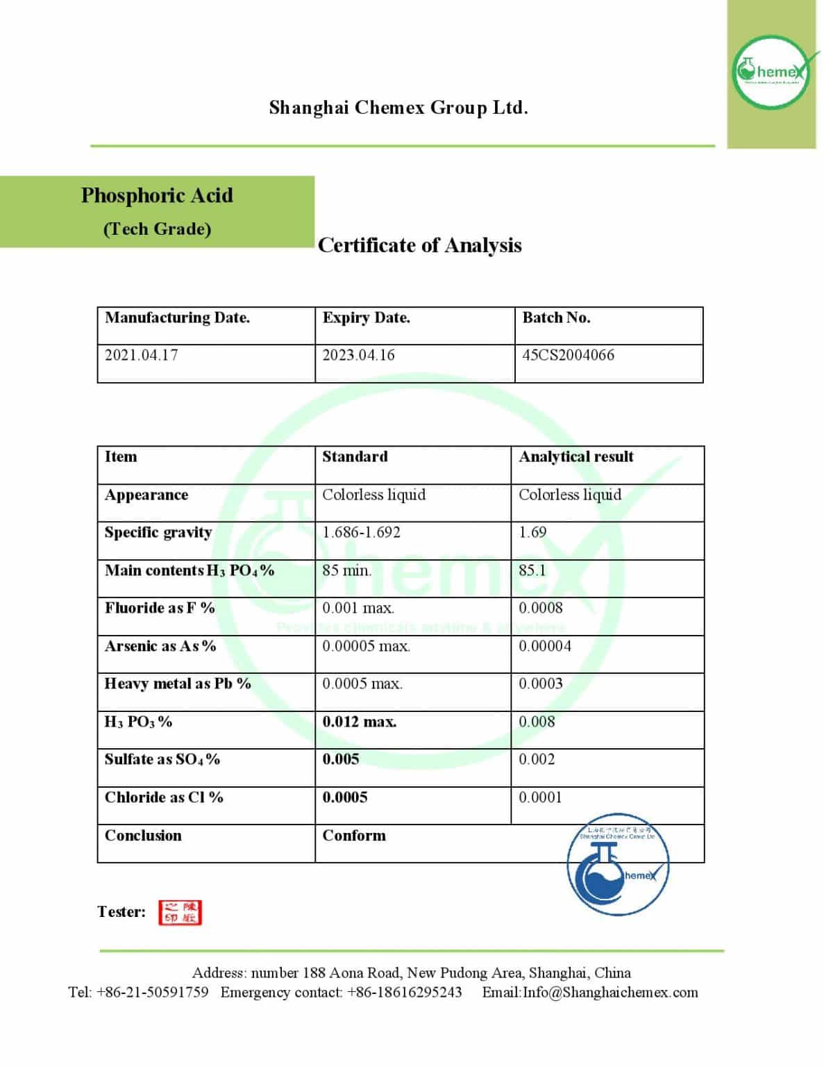 Buy Phosphoric Acid; price, Uses, and Analysis Shanghai Chemex