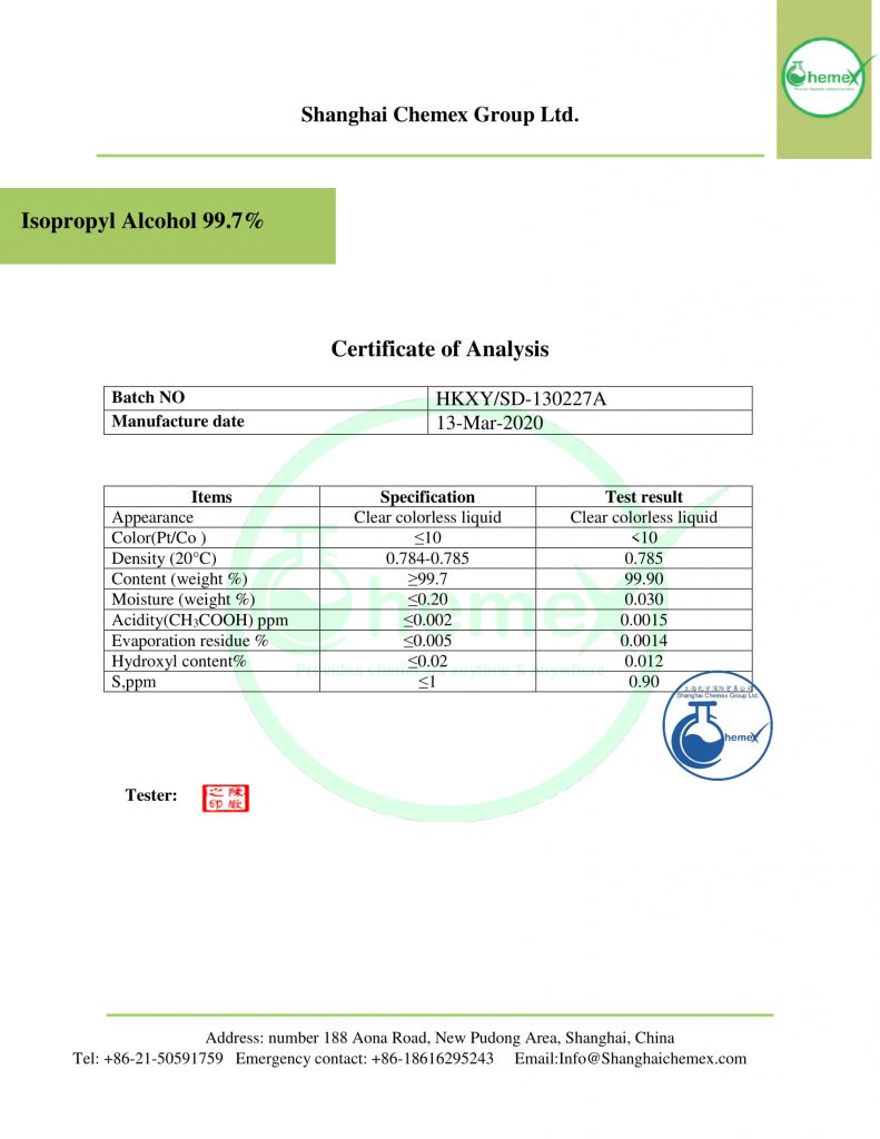 COA of isopropyl alcohol 99.7%. CHEMEX-1