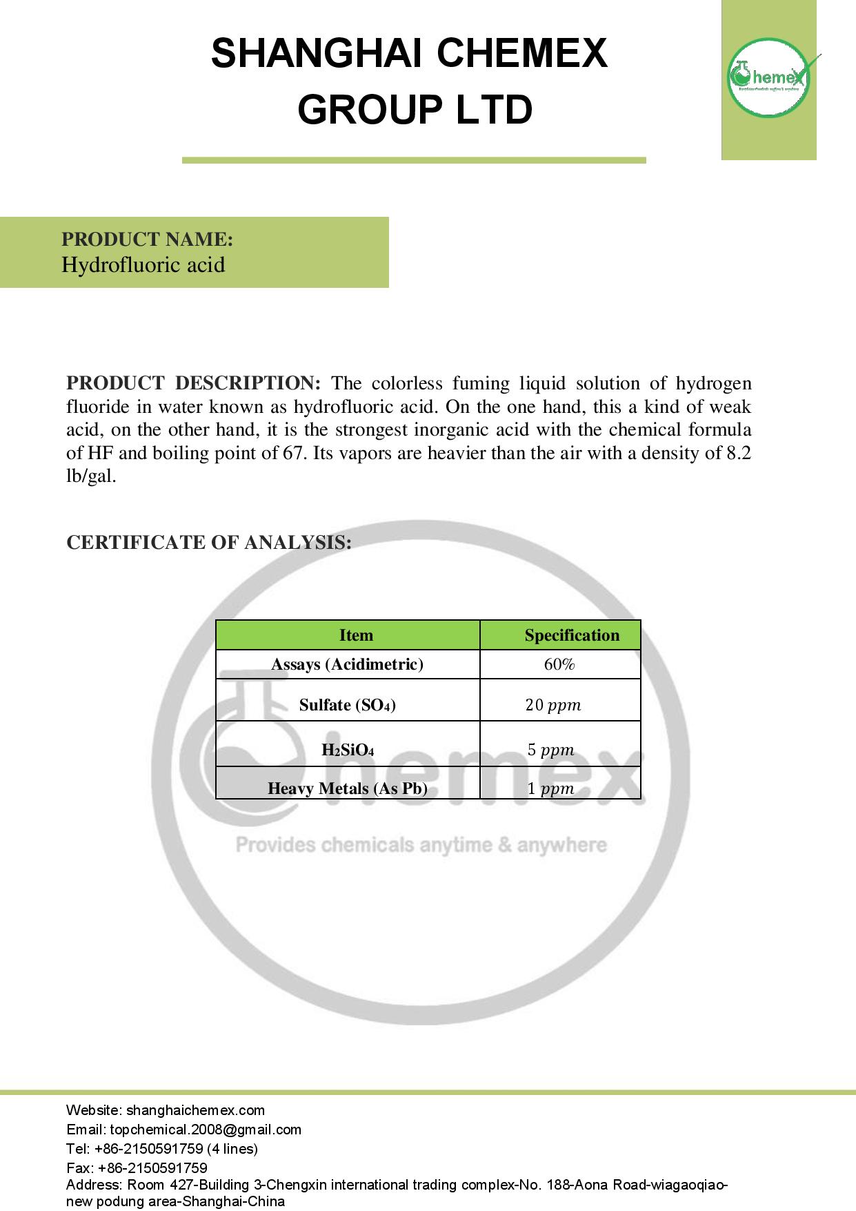 Buy Hydrofluoric Acid; Price, Uses, and Formula Shanghai Chemex
