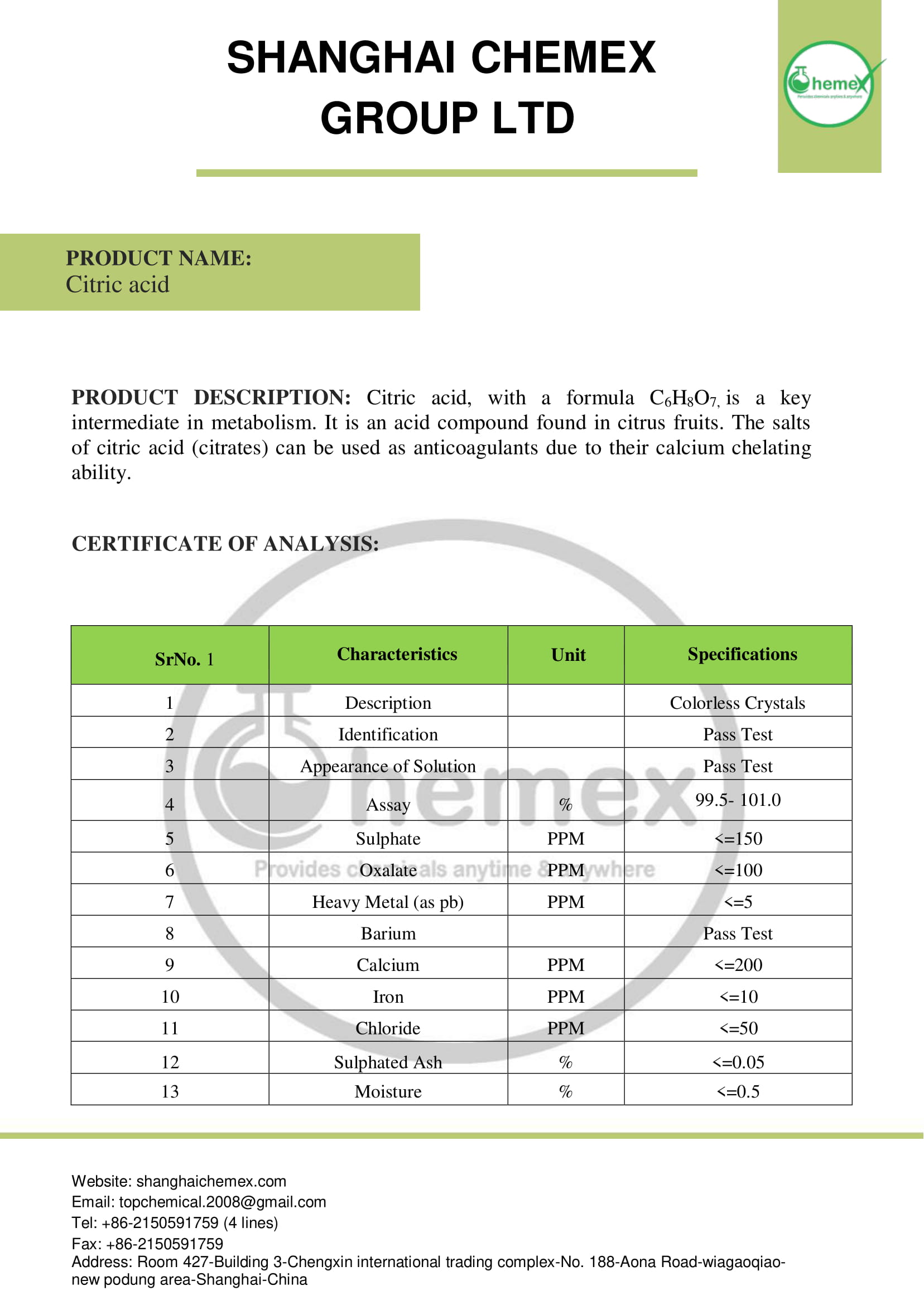 Buy Citric Acid; Price, Uses, and Analysis | Shanghai Chemex