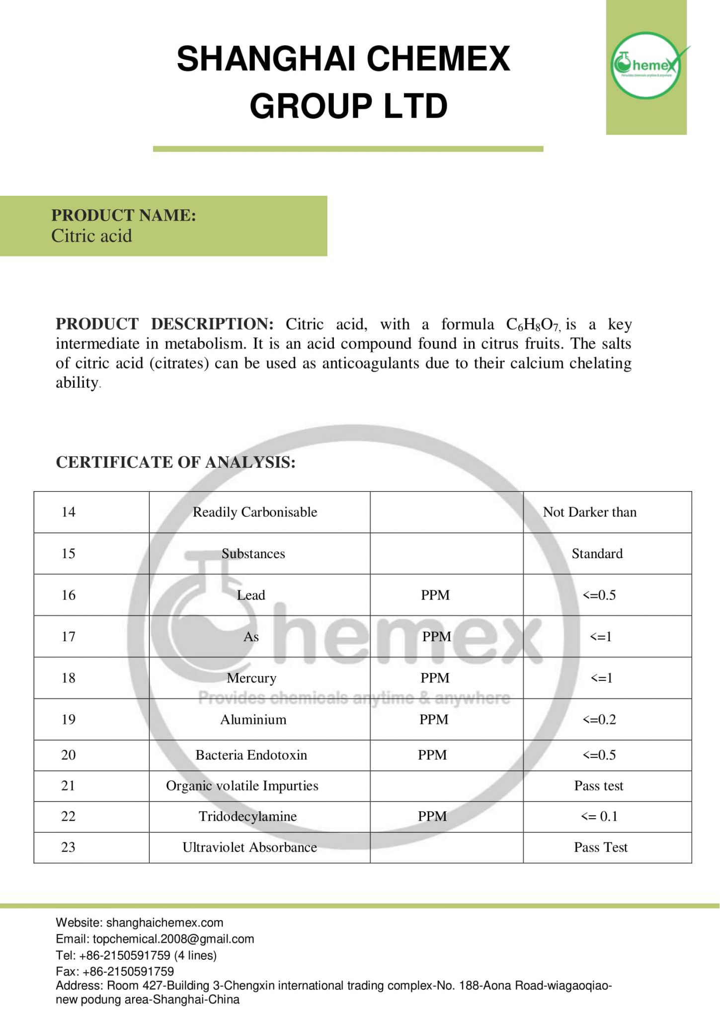 Buy Citric Acid; Price, Uses, and Analysis | Shanghai Chemex