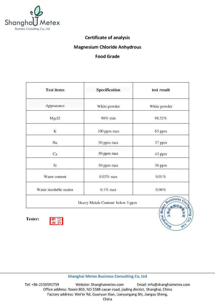 Magnesium chloride Food grade COA