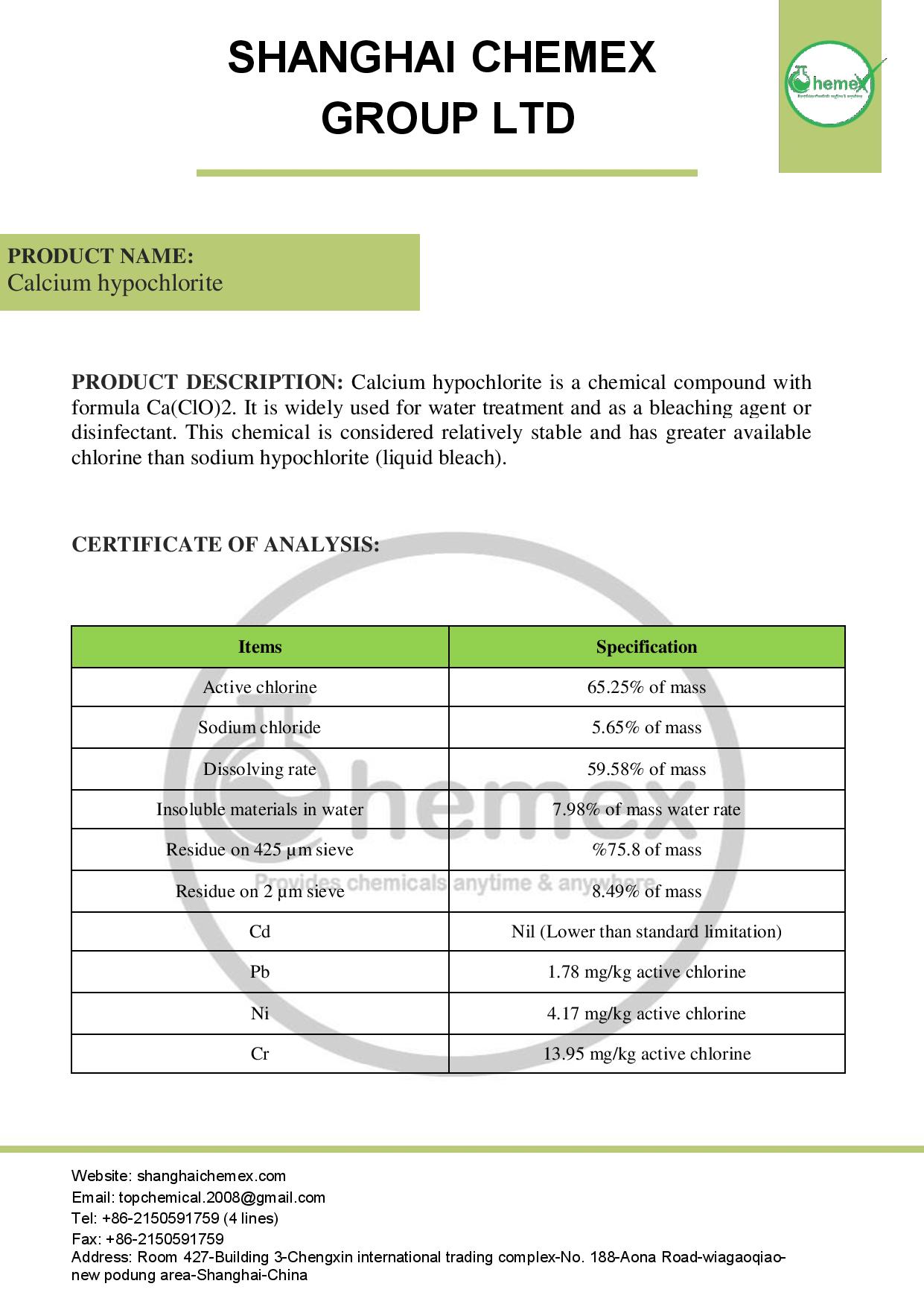 Buy Calcium Hypochlorite; Price, Uses and Analysis Shanghai Chemex