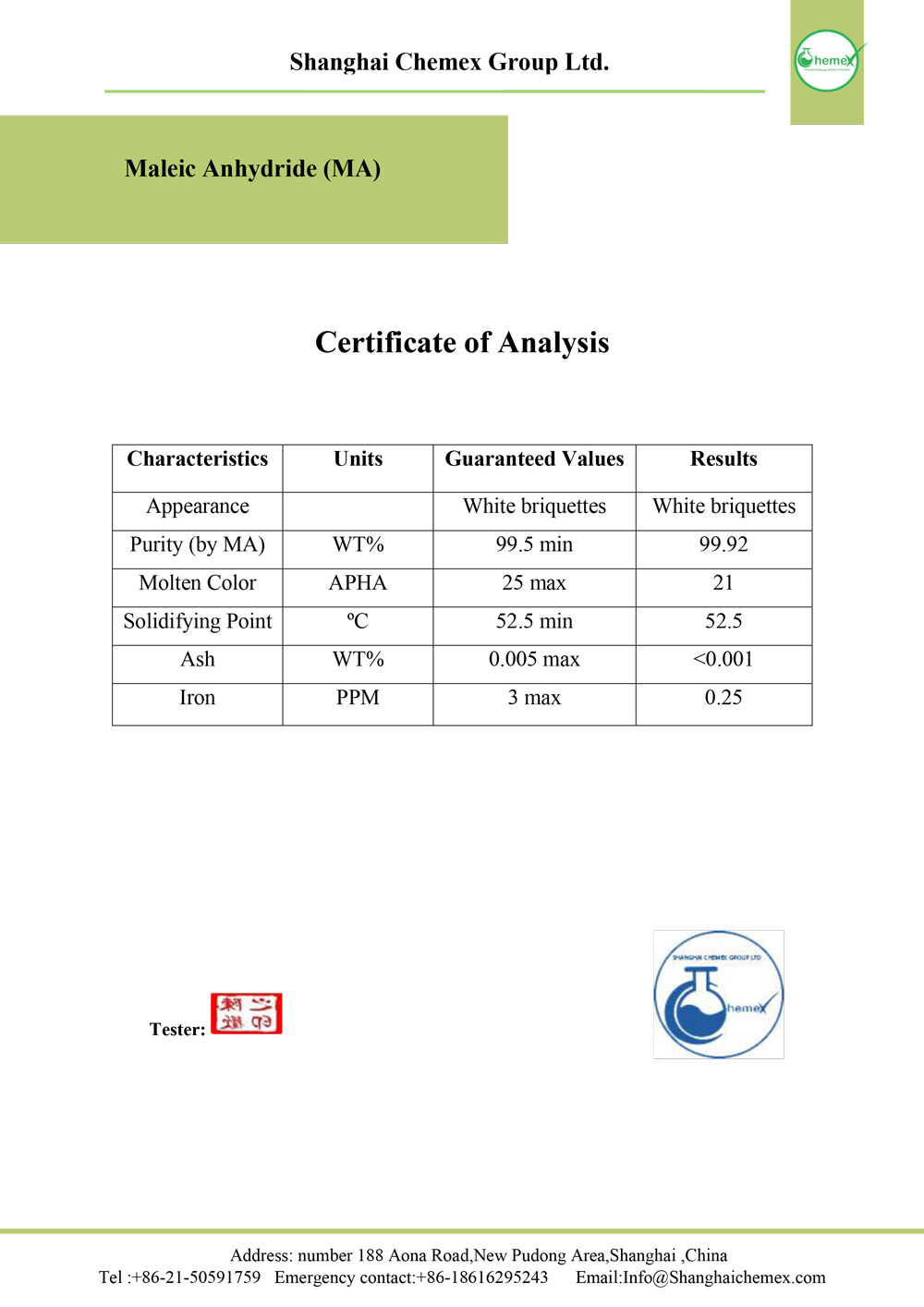 Buy Maleic anhydride; price and uses - Shanghai Chemex